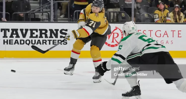 Dallas Stars v Vegas Golden Knights LAS VEGAS, NEVADA - OCTOBER 17: William Karlsson #71 of the Vegas Golden Knights\ shoots under pressure from Thomas Harley #55 of the Dallas Stars in overtime of their game at T-Mobile Arena on October 17, 2023 in Las Vegas, Nevada. The Golden Knights defeated the Stars 3-2 in a shootout. (Photo by Ethan Miller/Getty Images)