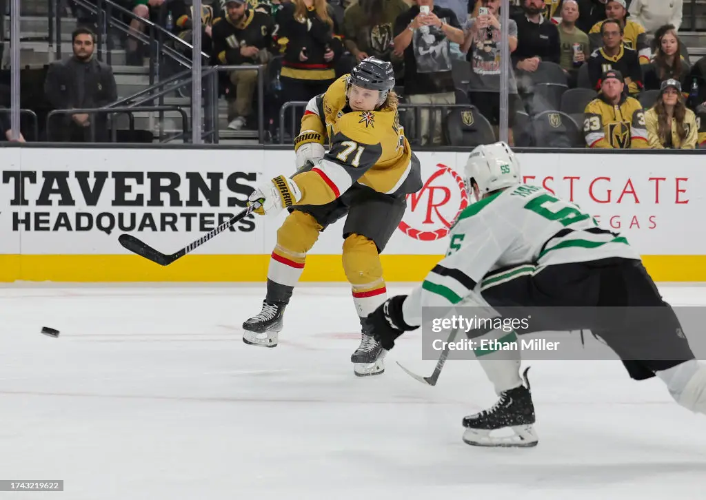 Dallas Stars v Vegas Golden Knights LAS VEGAS, NEVADA - OCTOBER 17: William Karlsson #71 of the Vegas Golden Knights\ shoots under pressure from Thomas Harley #55 of the Dallas Stars in overtime of their game at T-Mobile Arena on October 17, 2023 in Las Vegas, Nevada. The Golden Knights defeated the Stars 3-2 in a shootout. (Photo by Ethan Miller/Getty Images)