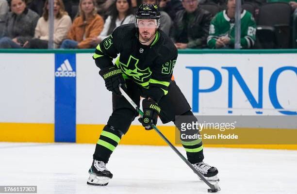 DALLAS, TEXAS - OCTOBER 30: Matt Duchene #95 of the Dallas Stars skates with the puck during the third period against the Columbus Blue Jackets at American Airlines Center on October 30, 2023 in Dallas, Texas. (Photo by Sam Hodde/Getty Images)