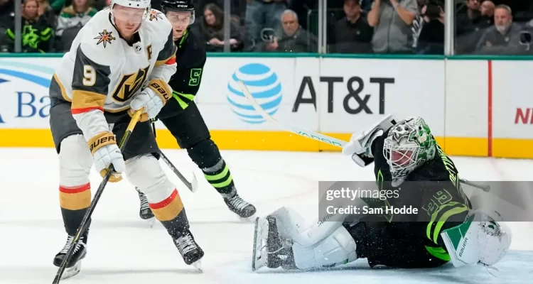 DALLAS, TEXAS - NOVEMBER 22: Jack Eichel #9 of the Vegas Golden Knights controls the puck in front of Jake Oettinger #29 of the Dallas Stars during overtime at American Airlines Center on November 22, 2023 in Dallas, Texas. (Photo by Sam Hodde/Getty Images)